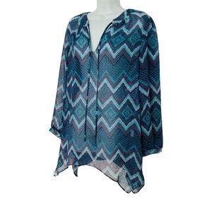 Annalee + Hope Women’s Size M Sheer Tunic Blouse Multicolor Long Sleeve Carefree